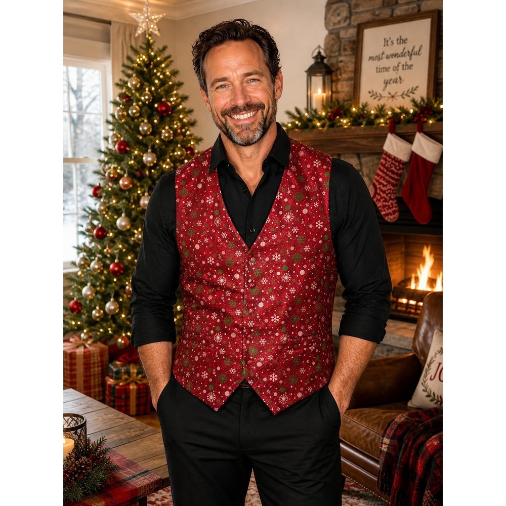 Barry Wang XL Men's Sparkly Red Christmas Vest Ugly Sweater Style 6 Button